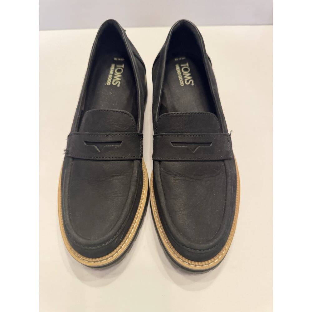 Toms Black Leather Penny Loafers with Tan Trim